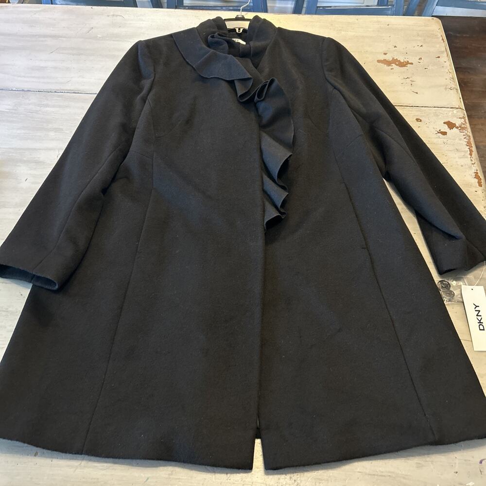 NWT DKNY Black Wool Blend Ruffle Front Mock Neck Coat Sz 2X Classic Quiet Luxury